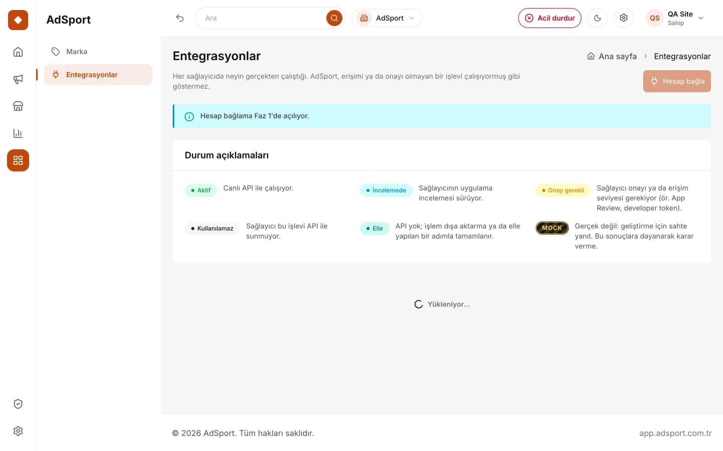 AdSport entegrasyonlar ekranı, sağlayıcı durumlarıyla